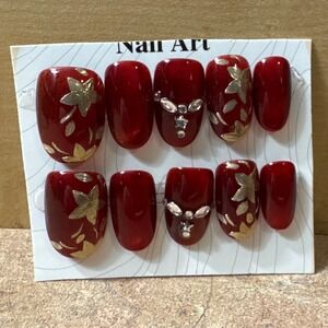 Red Press On Nails Gold Floral Rhinestone Accents Glossy Oval Artificial Set